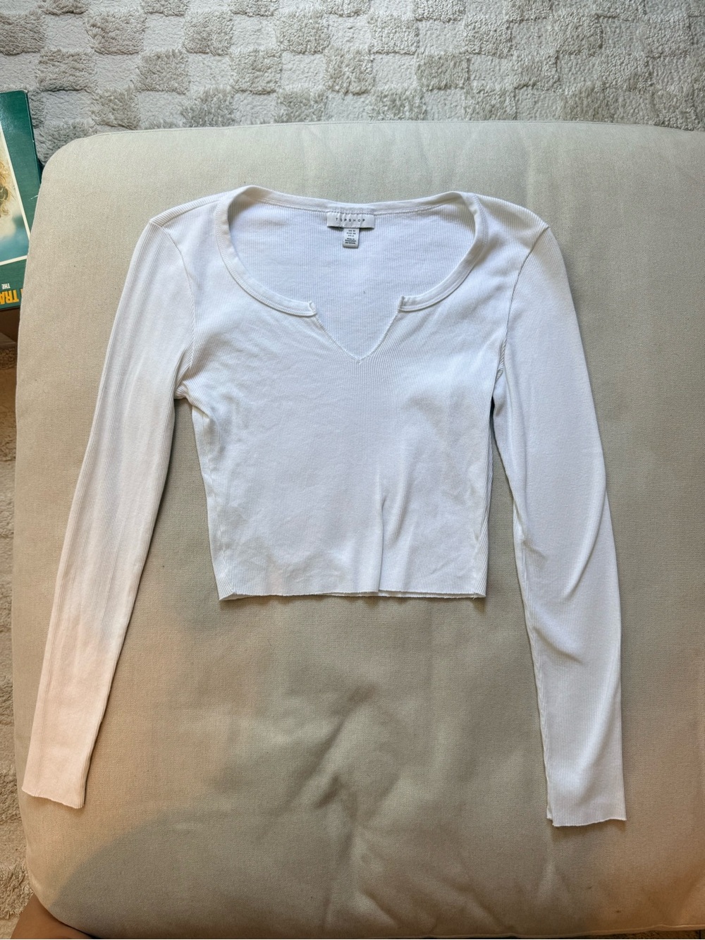 Topshop White Cropped Long Sleeve V-Notch Top